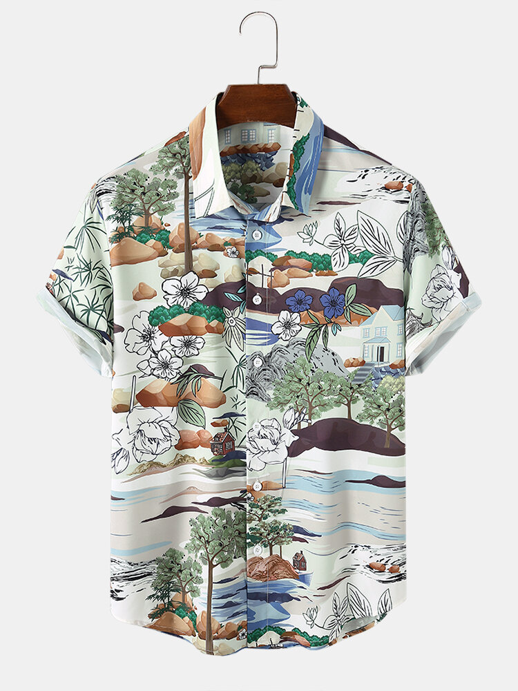

Men Landscape & Flower Print Lapel Short Sleeve Soft Casual Shirts