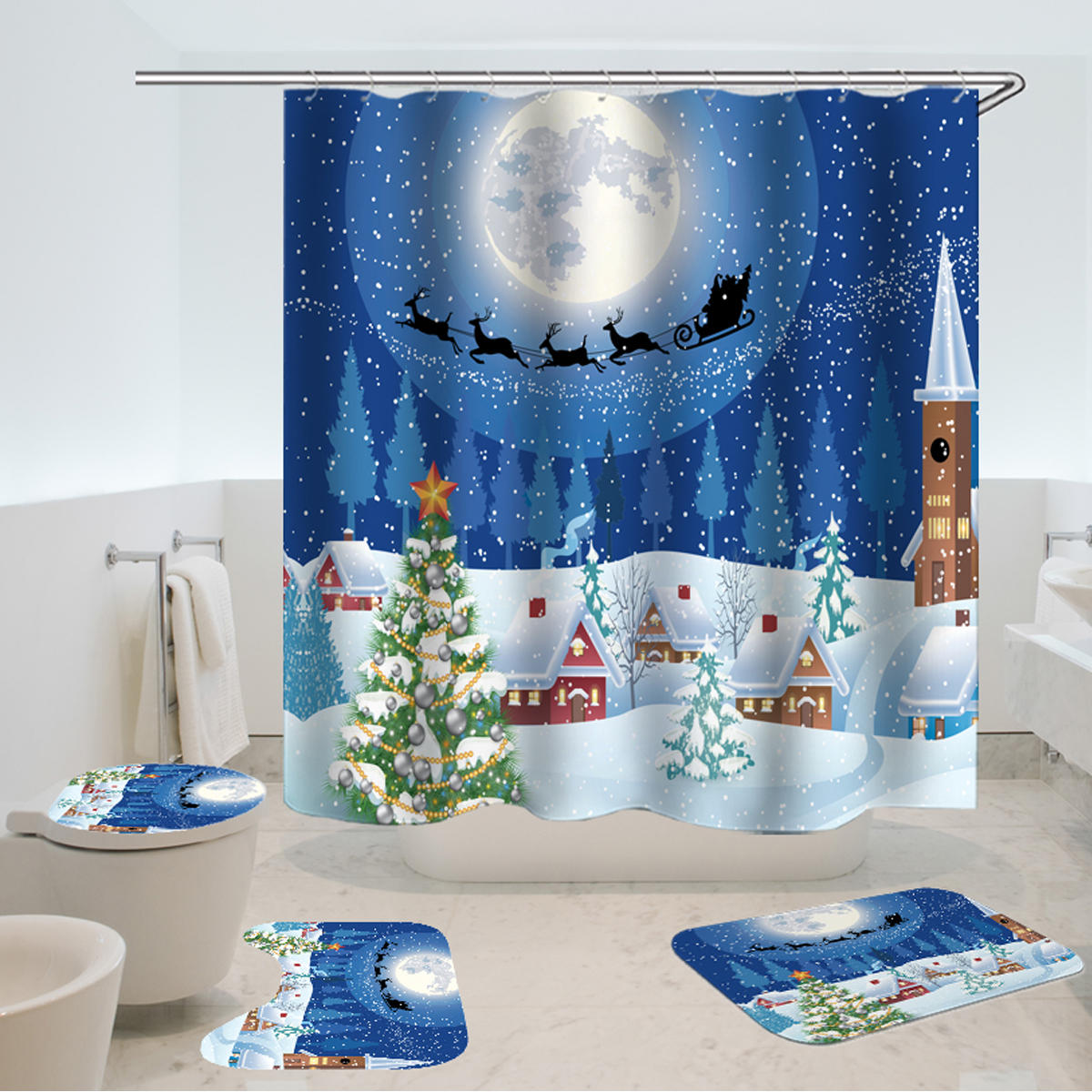 180x180 Christmas Style Gifts 4 PCS Shower Curtain Set Waterproof Bathroom Curtain