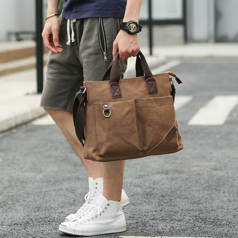 Men Canvas Multi-pocket Wear-resistant Crossbody Bags Retro Casual Large Capacity Zipper Shoulder Ba
