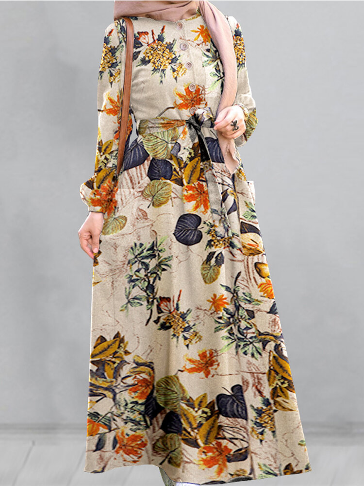 Dames katoenen bloemenprint pofmouwen Geplooide zijzakken Losse mantel Vintage maxi-jurk