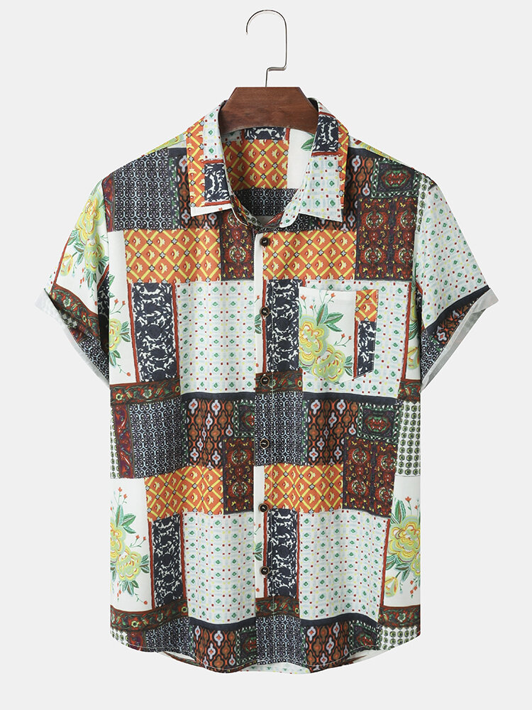 Mens Floral Geometric Print Ethnic Style Short Sleeve Shirts