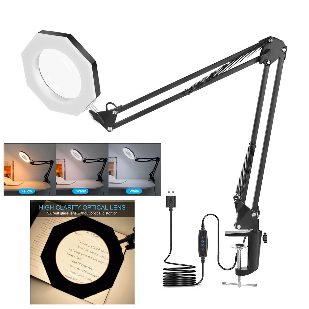 NEWACALOX USB 5X Folding Magnifier Table Clamp Soldering Third Hand Tool 3 Colors LED Illuminated Lamp Magnifying Glass
