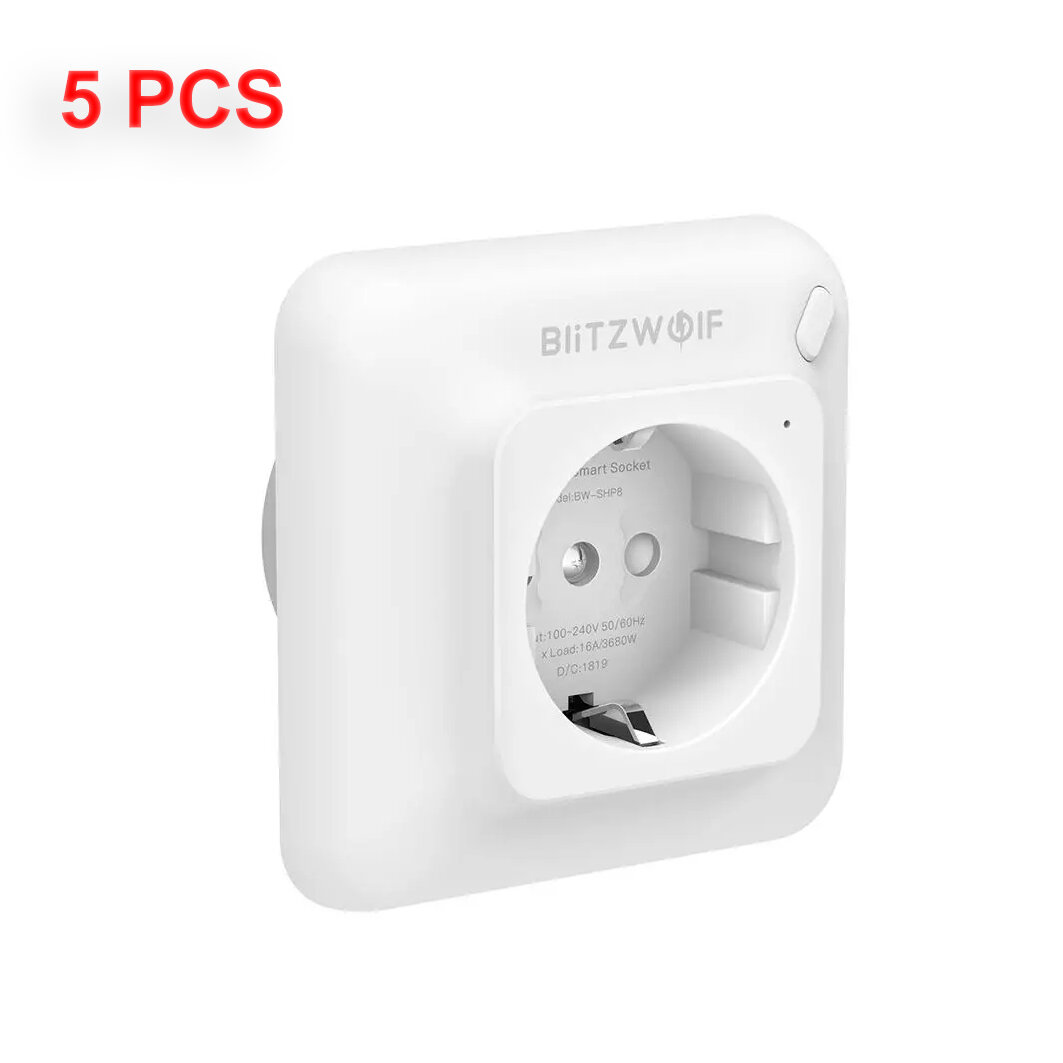 

[5 PCS] BlitzWolf® BW-SHP8 3680W 16A Smart WIFI Wall Outlet EU Plug Socket Timer Remote Control Power Monitor Work with