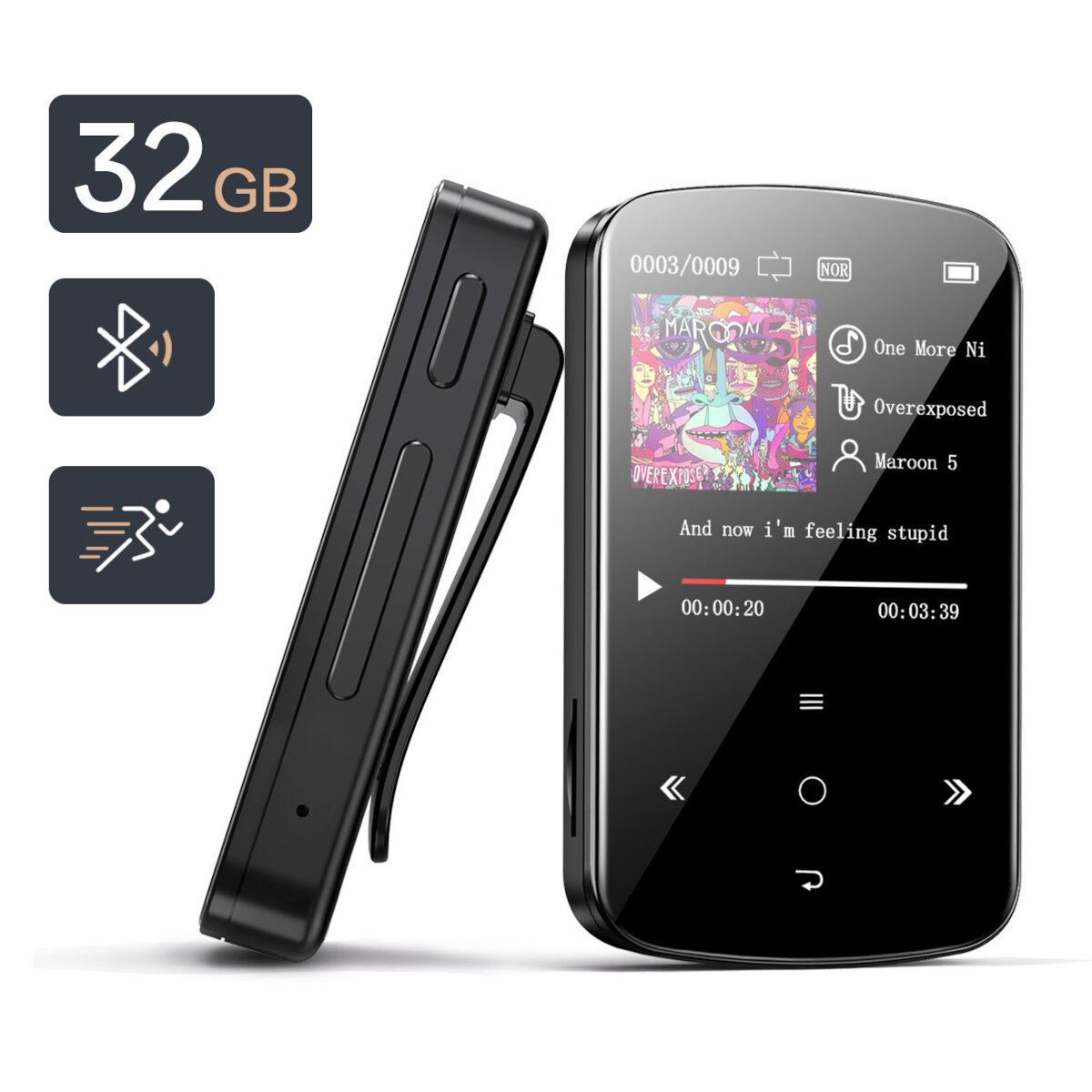 BENJIE M9 32GB Mini USB MP3 Sport Media Player 1.5 inch Color Screen Wireless Bluetooth 4.2 with Portable Clip TF Card Slot
