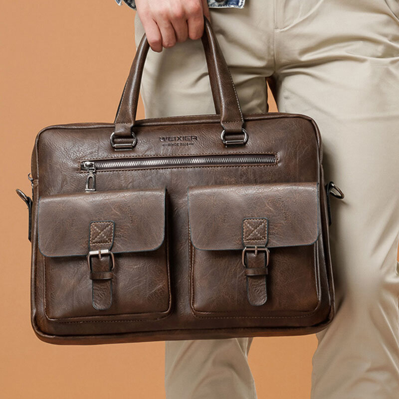 Men Zipper Multi-pocket Handbag Large Capacity Anti-theft Retro 13.3 Inch Laptop Briefcase Crossbody