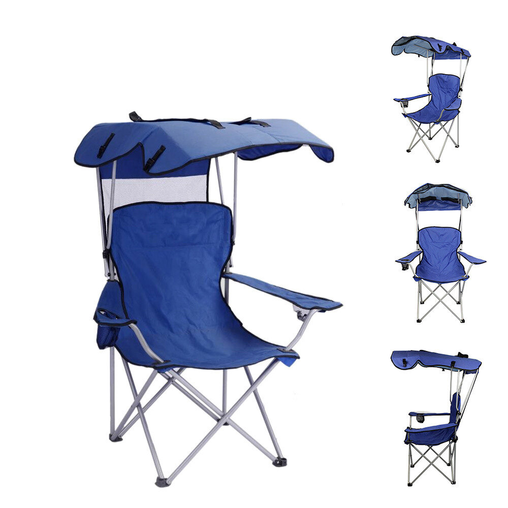IPRee® Folding Recliner Chair Camping Portable Picnic BBQ Stool Fishing Seat with Shade and Cup Holder Sun Canopy Outdoor