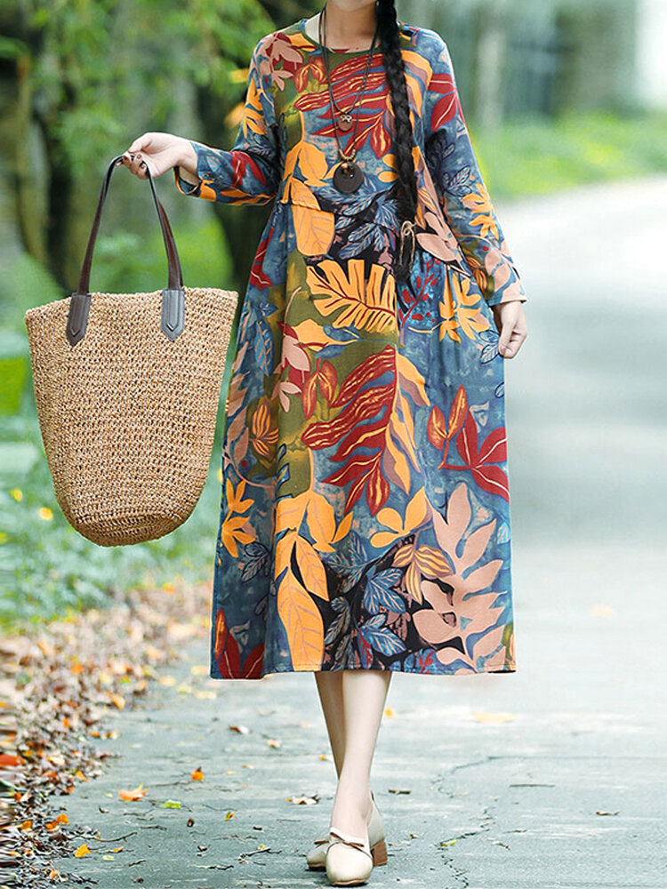 Floral Leaf Print Vintage Casual Midi Dress with Side Pockets