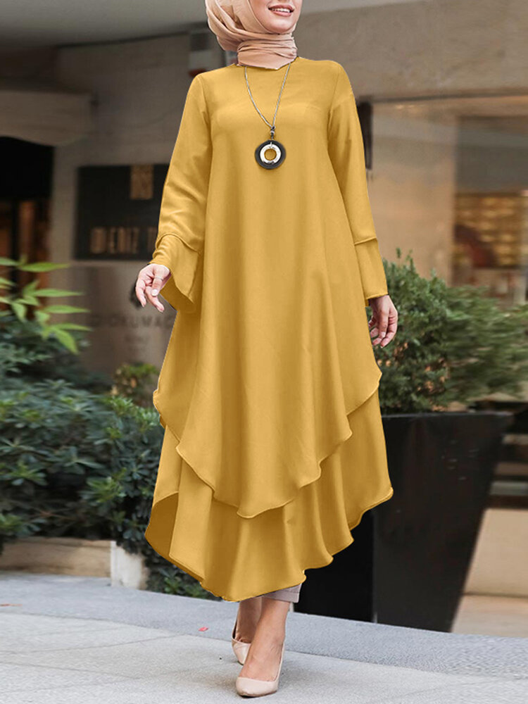 Women Pure Color Layered Irregular Hem Kaftan Casual Long Sleeve Maxi Dresses
