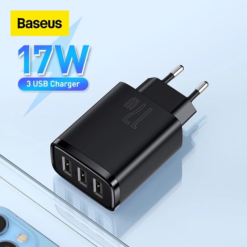 Baseus 17W 3-Port USB Charger Travel Wall Charger Adapter For iPhone 13 Pro Max For Samsung Galaxy S21 5G For Xiaomi 12