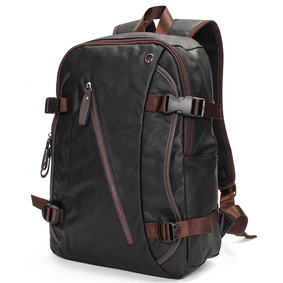 men vintage pu leather zipper laptop travel school outdoor backpack bag ...