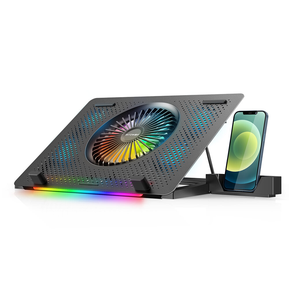 BlitzWolf® BW-HS1 RGB Laptop Cooling Pad with 5 Strong Cooling Fans, Metal Mesh Panel, Adjustable Height, 2 Speeds Adjus