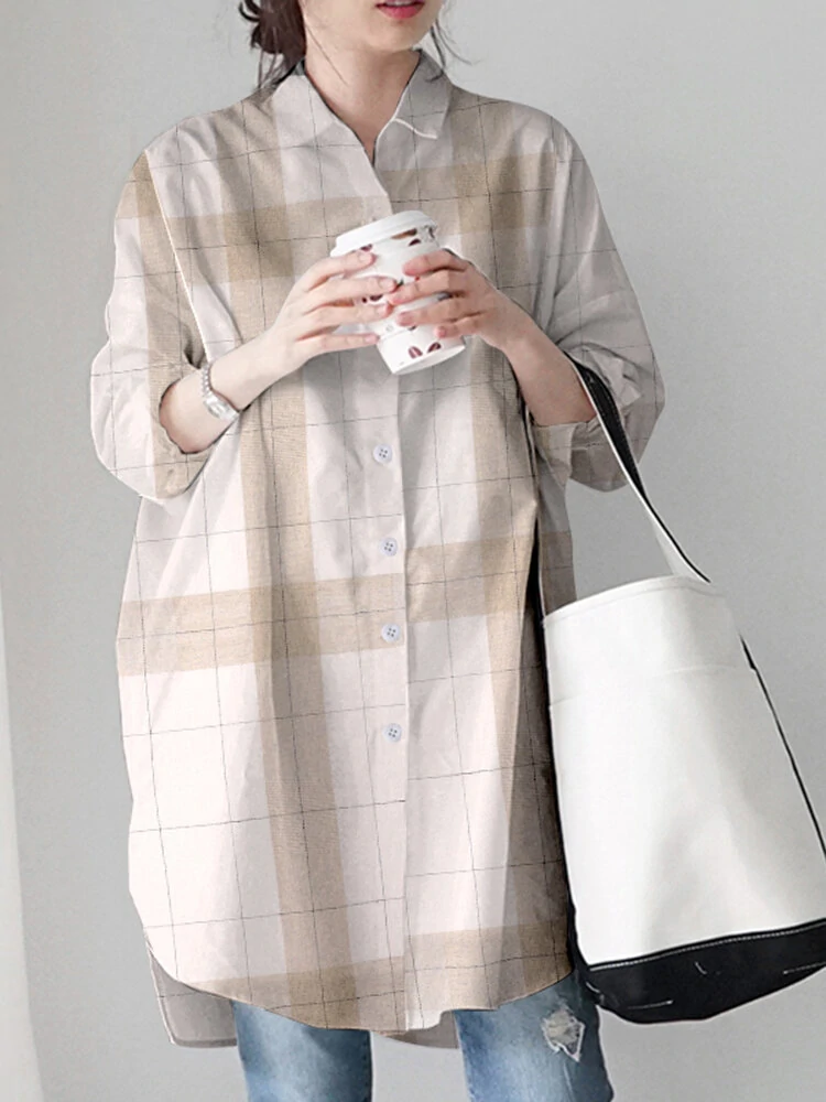 Check pattern loose button front lapel long sleeve shirt