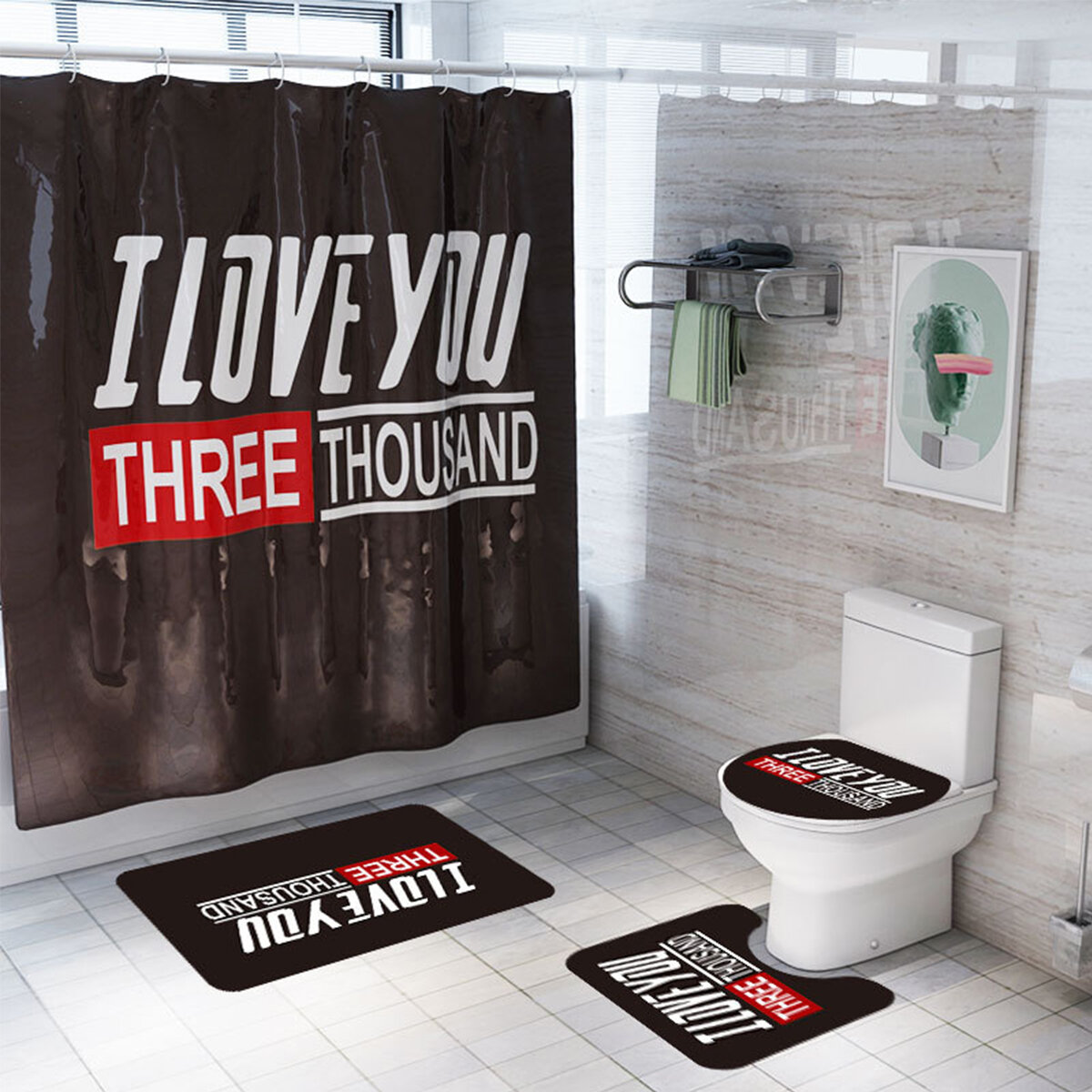 4/3/1PCS English Letter Waterproof Bathroom Shower Curtain Set Skidproof Bath Rug Toilet Lid Cover B