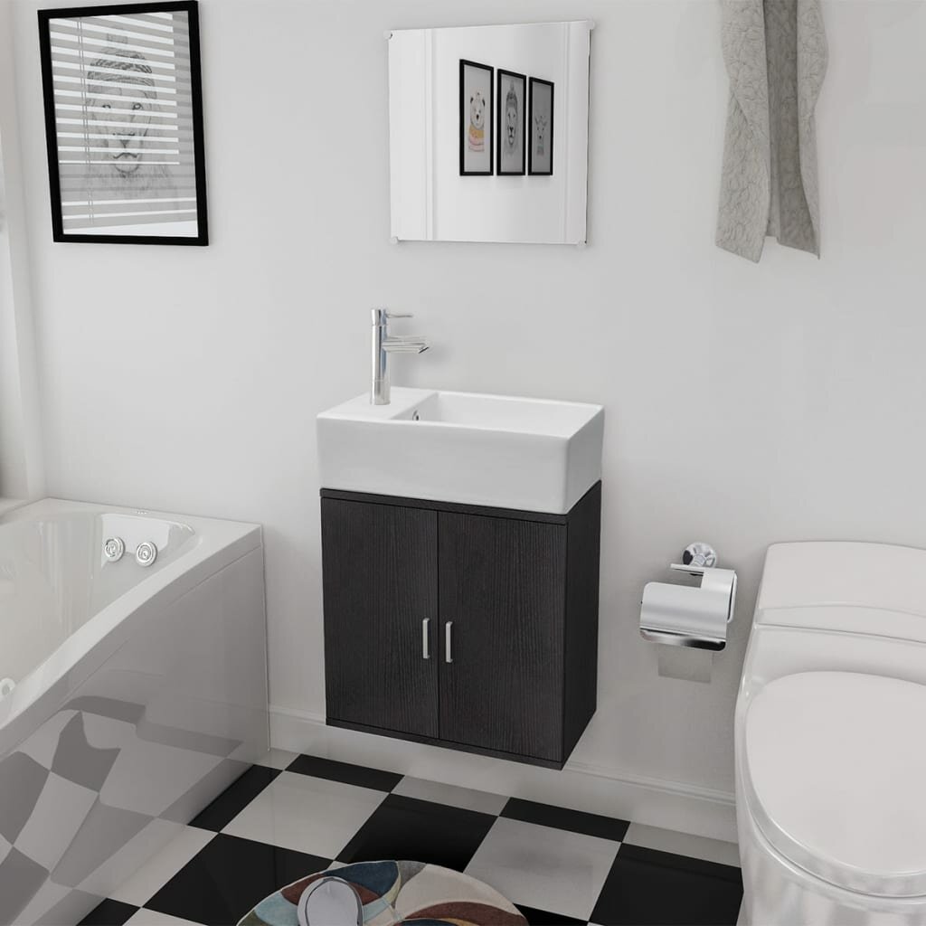 3-delige badkamermeubelset met wastafel zwart en spiegel voor kleine badkamer