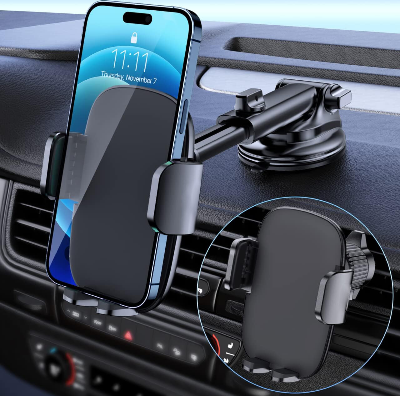 

Car Phone Mount Adjustable Air Vent Dashboard Stand Gravity Phone Holder Spiral Hook + Suction Cup Style Navigation Fixe