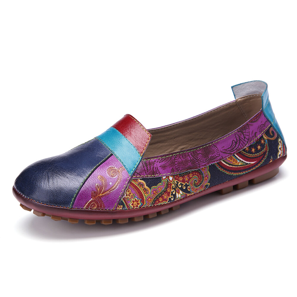 

SOCOFY Bohemian Soft Leather Floral Splicing Comfy Casual Slip On Loafers Flat Shoes