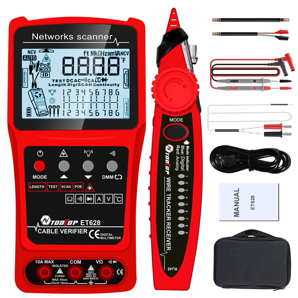 TOOLTOP 3 In 1 Network Cable Tester + Multimeter + Red Light Pen 600M Network Cable Length Measure AC DC Current Voltage
