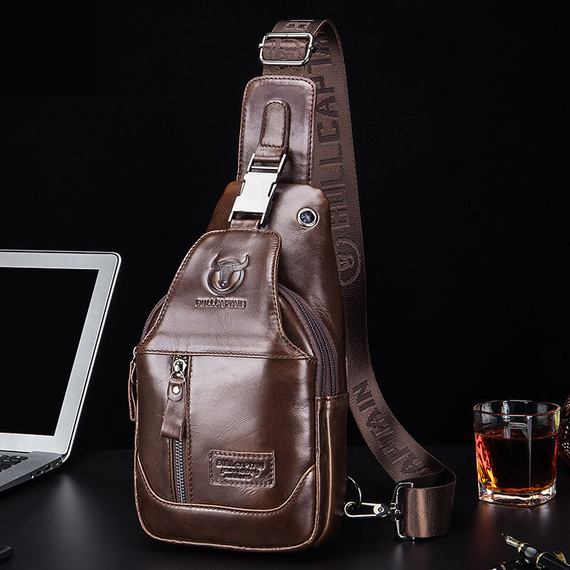 

Men Genuine Leather Multifunction Headphone Hole Large Capacity Casual Chest Bags Shoulder Bag Crossbody Bags