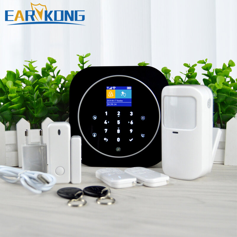 Earykong wifi gsm home alarm system 433mhz wireless sensor kit with 2 * remote controller / infrared sensor / door window sensor / 2 * rfid work with tuya app