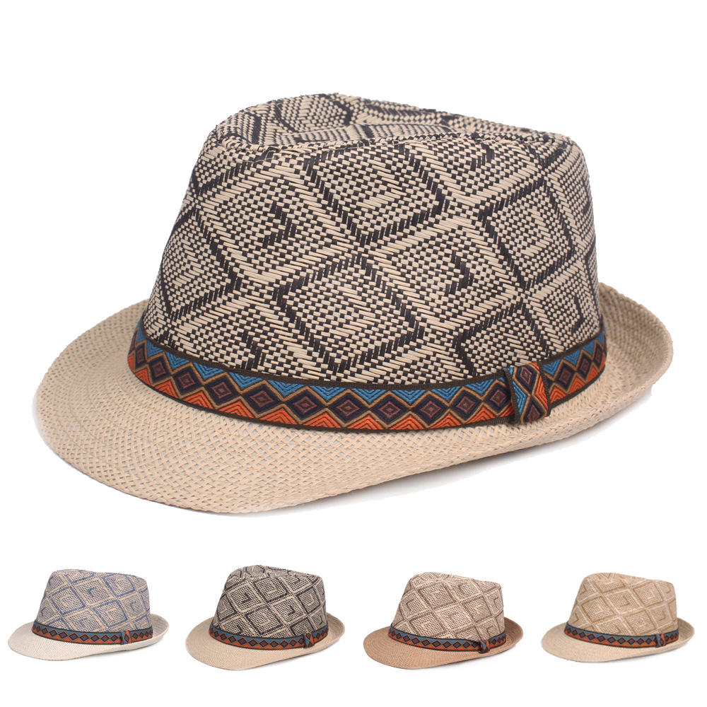 Men Women Retro Panama Style Ethnic Trilby Fedora Straw Sun Hat with Belt
