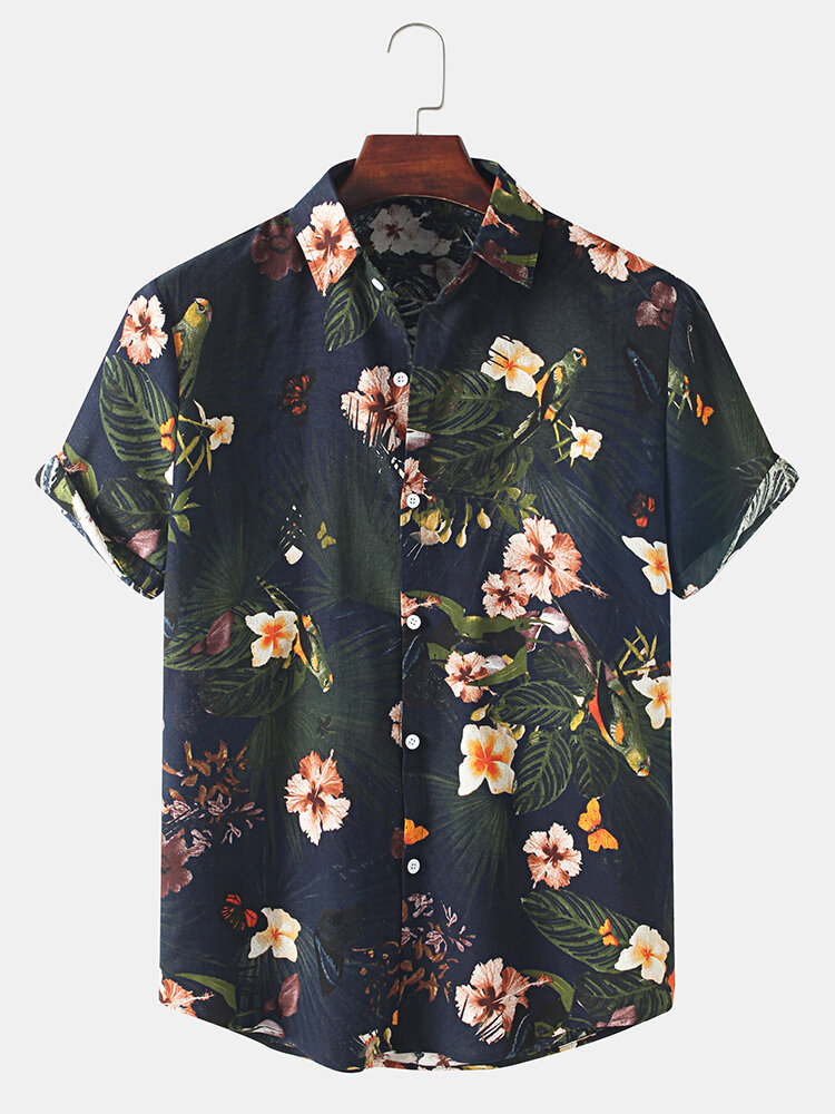 Heren vakantie casual bloemenprint reversknoop overhemd met korte mouwen