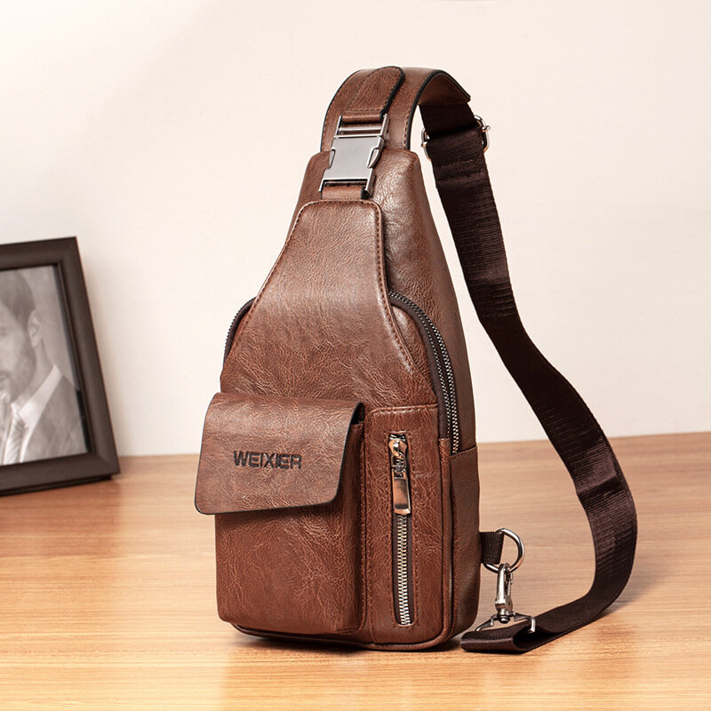 Men PU Leather Multifunctional Large Capacity Waterproof 6.5Inch Phone Bag Chest Bag Crossbody Bags