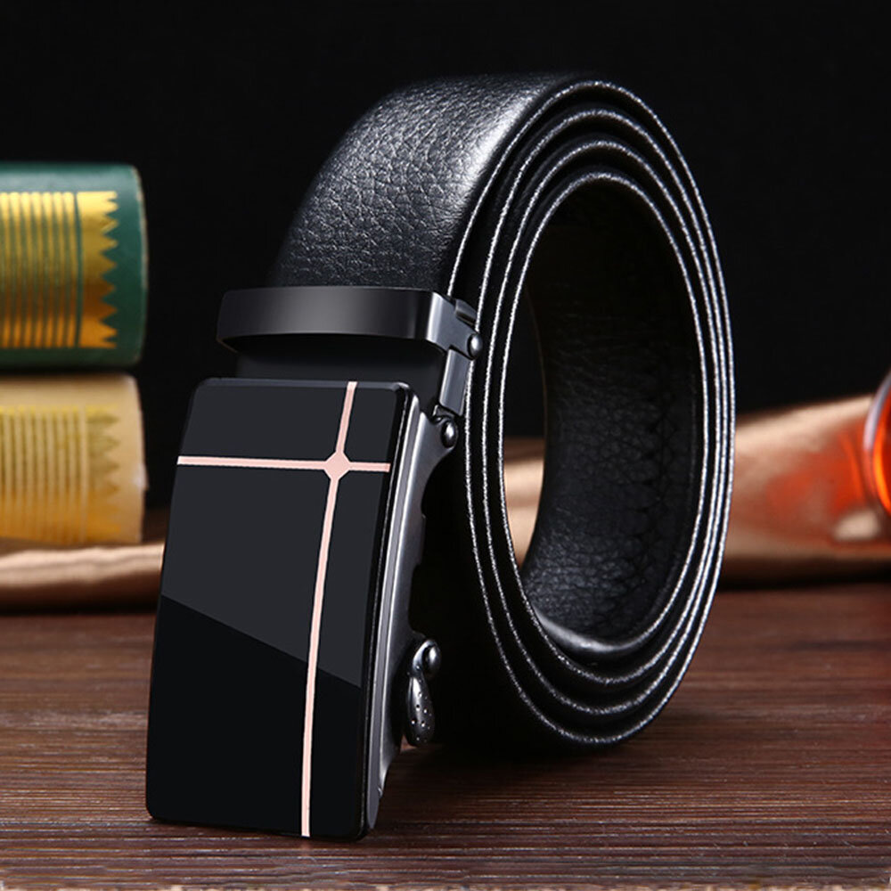Men PU Leather Rectangular Acrylic Automatic Buckle Scratch-resistant Business Casual Ratchet Belt