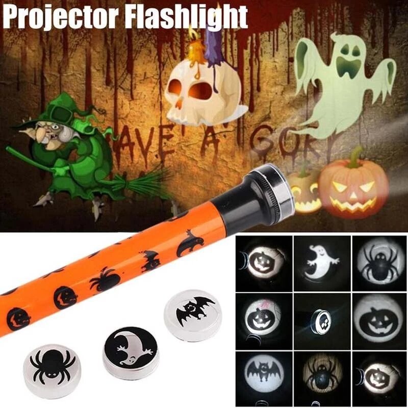 

LED Halloween Projector Flashlight Party Light DIY Decoration with 5 lens Pumpkin/Spider/Bat/Ghost and Skeleton Kids Toy