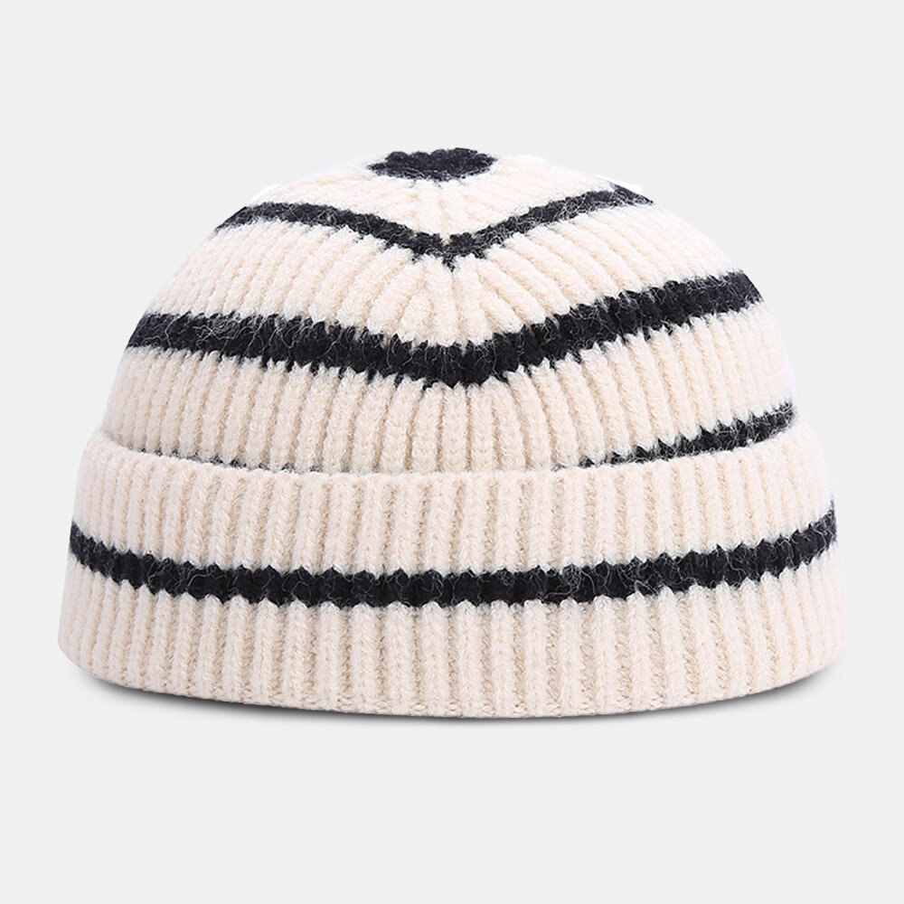 

Unisex Color Contrast Striped Dome Knitted Hat Ear Protection Warmth Brimless Beanie Skull Cap
