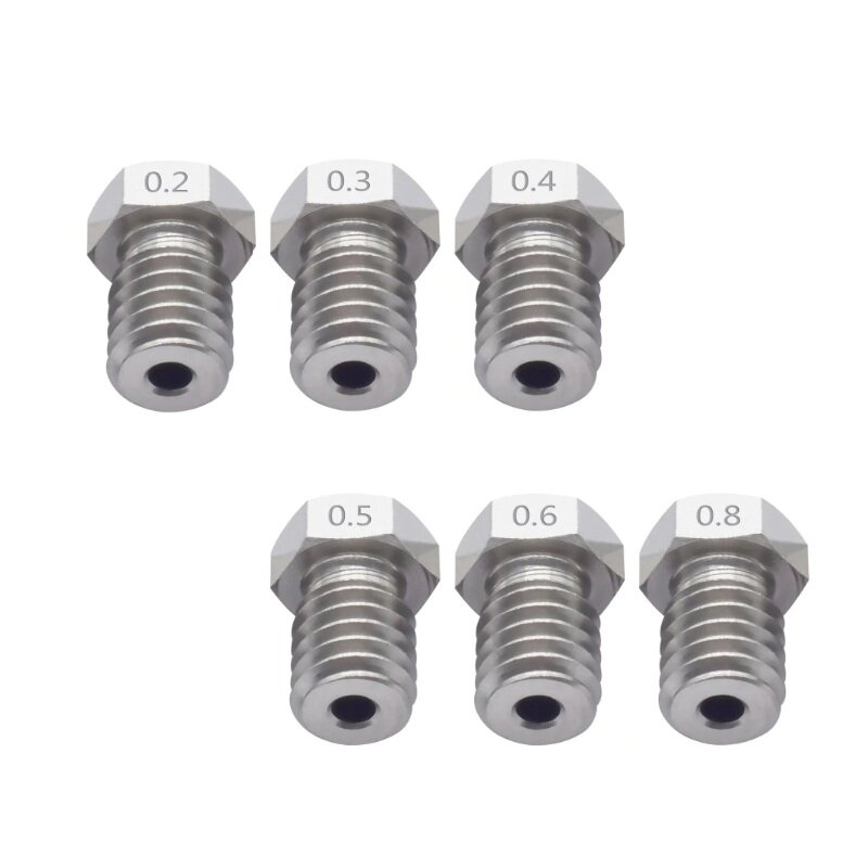 TWO TREESÂ® 6Pcs V6 Stainless Steel Nozzle 0.2/0.3/0.4/0.5/0.6/0.8mm M6 Thread for 3D Printer