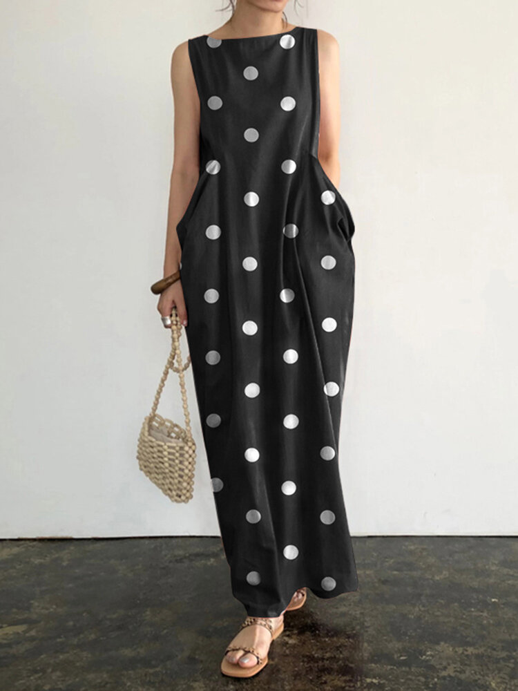 Sleeveless Pocket Polka Dot Round Neck Maxi Dress