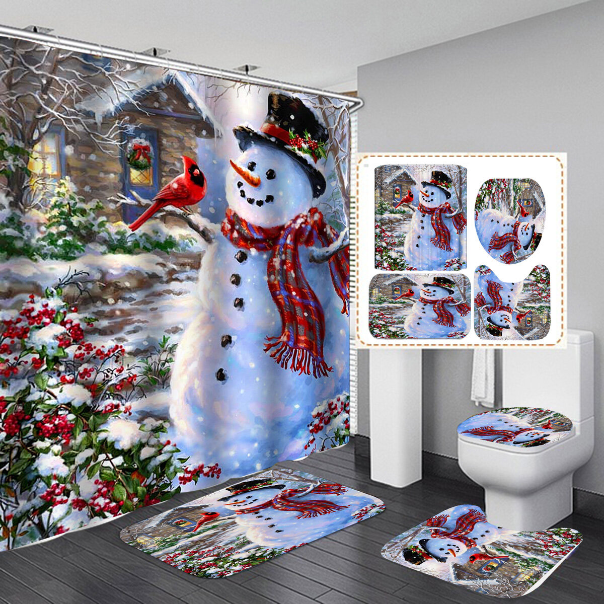 Christmas Snowman 3D Printed Bathroom Curtain Waterproof Anti-slip Christmas Snowman Bath Mat Set