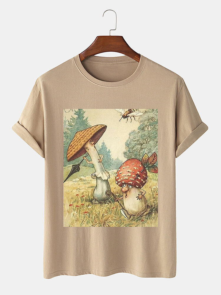 

Mens Mushroom Cartoon Box Print 100% Cotton Short Sleeve T-Shirt