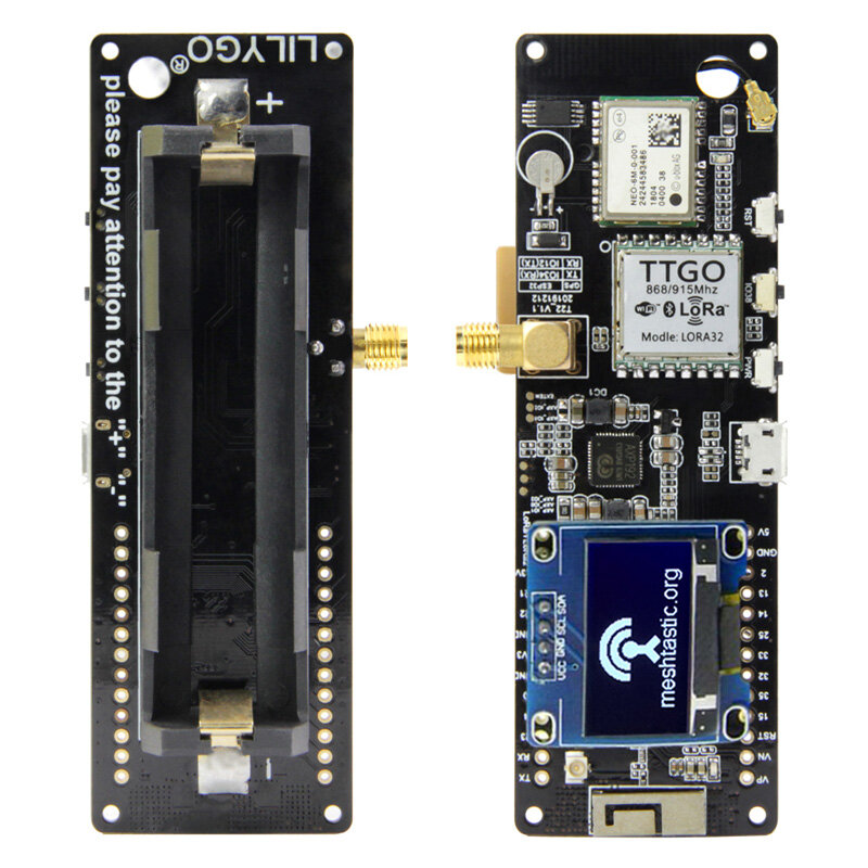 

LILYGO® TTGO Meshtastic T-Beam V1.1 ESP32 868Mhz WiFi Bluetooth ESP32 GPS NEO-6M SMA 18650 Battery Holder With OLED