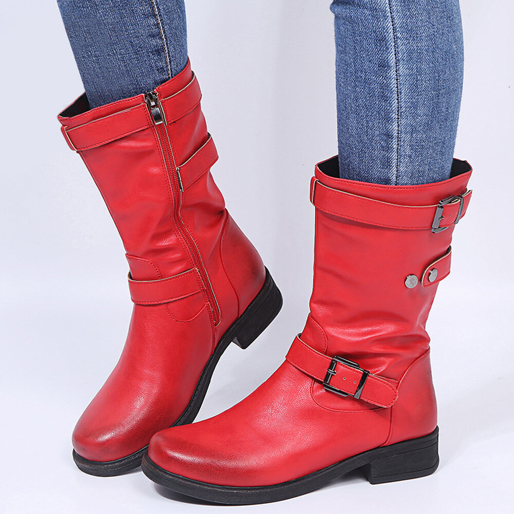 47% OFF on Women Large Size Retro Solid Color Buckle Strap Block Heel Riding Boots