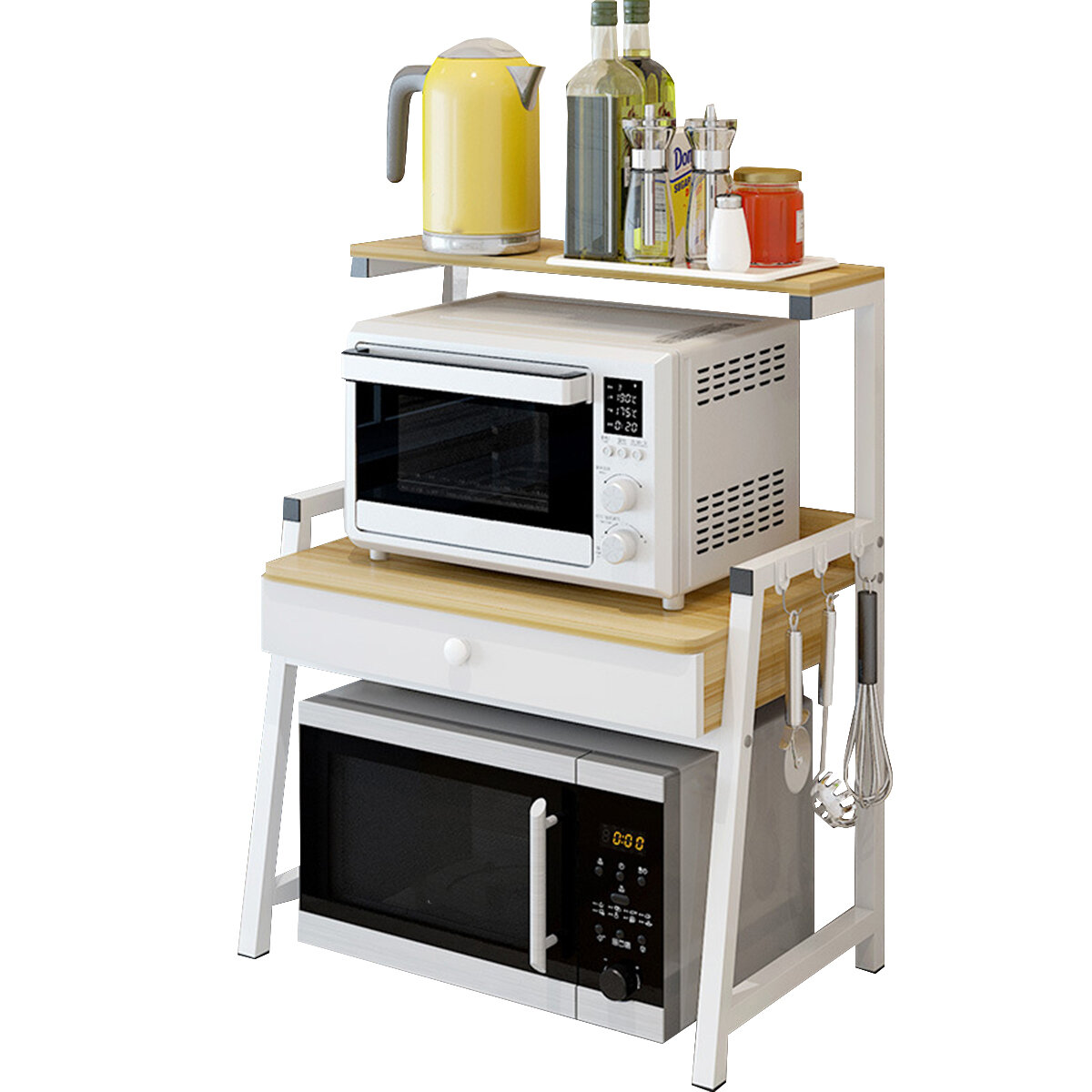 

2 Tiers Microwave Oven Rack Stand Storage Shelf Kitchen Storage Bracket Space Saving Kitchen Organizer with Drawer & Hoo