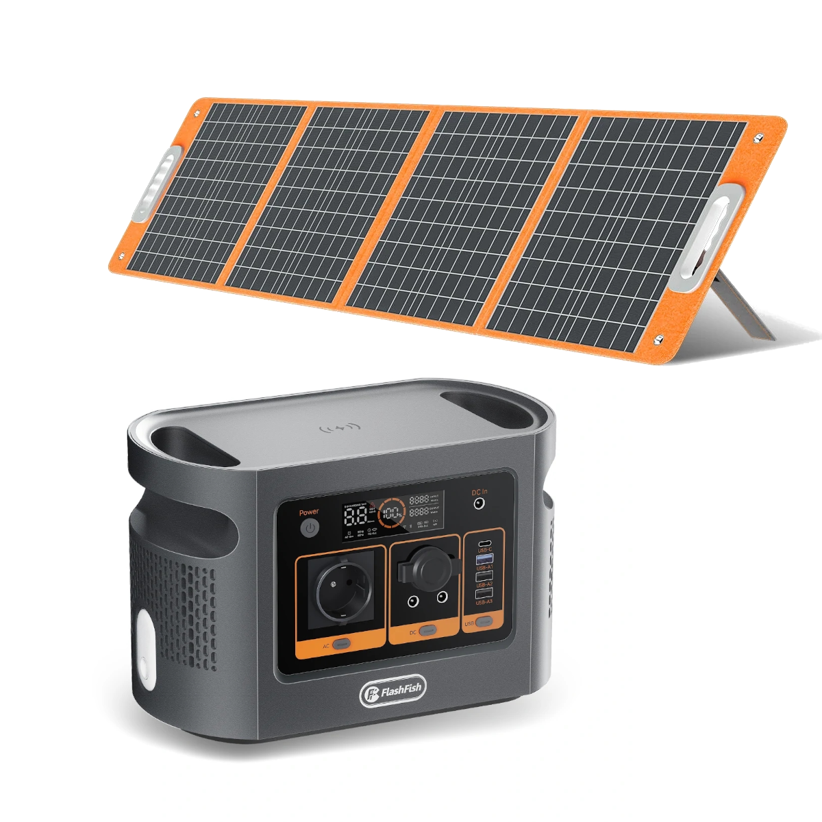 [EU Direct] FlashFish QE01D UPS 600W 448Wh Draagbare stroomstation LiFePO4 Lithium batterijpakket met 1 stuk TSP 18V 100W opvouwbaar zonnepaneel, Ondersteuning bij het Back-uppen van zonne-energie thuisopslag buitencamping Stroomgenerator