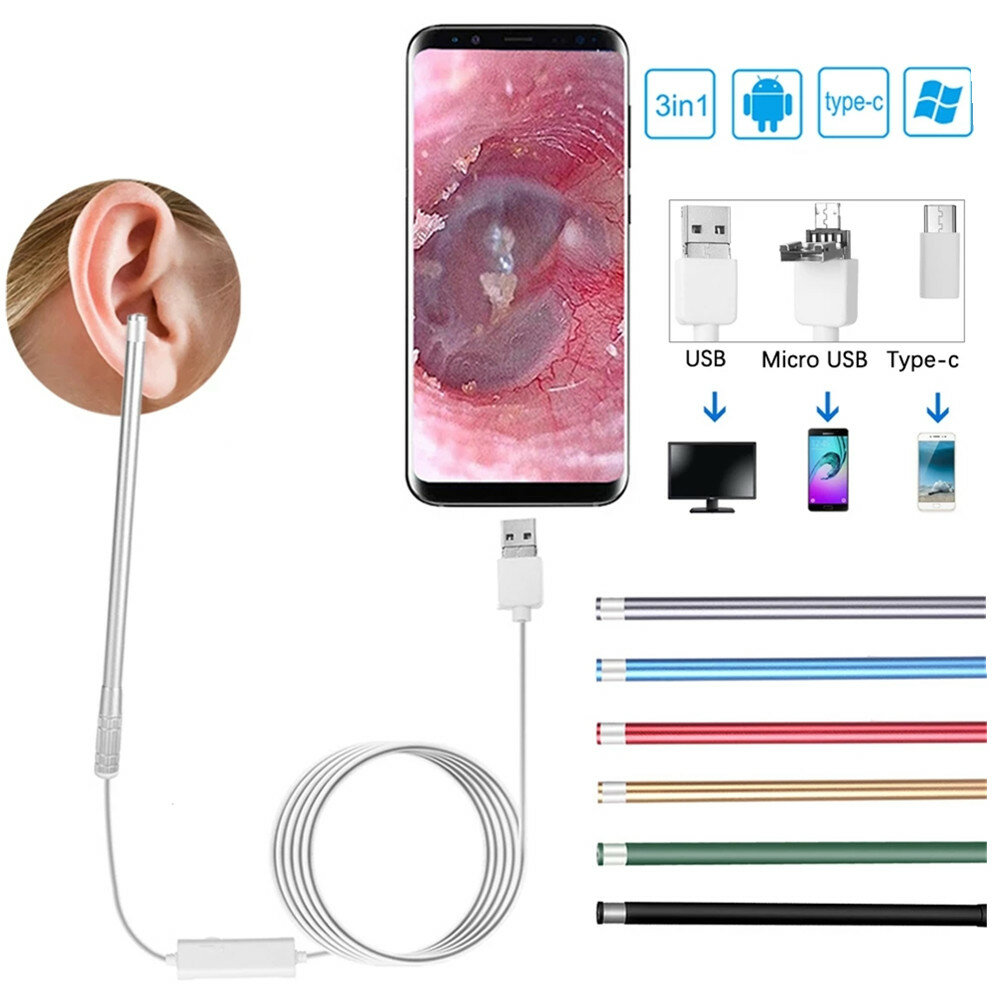 

Ear Cleaning Endoscope 3 in 1 Visual Ear Spoon Multifunctional Earpick 5.5mm HD Camera Ear Mouth Nose Otoscope for Andro