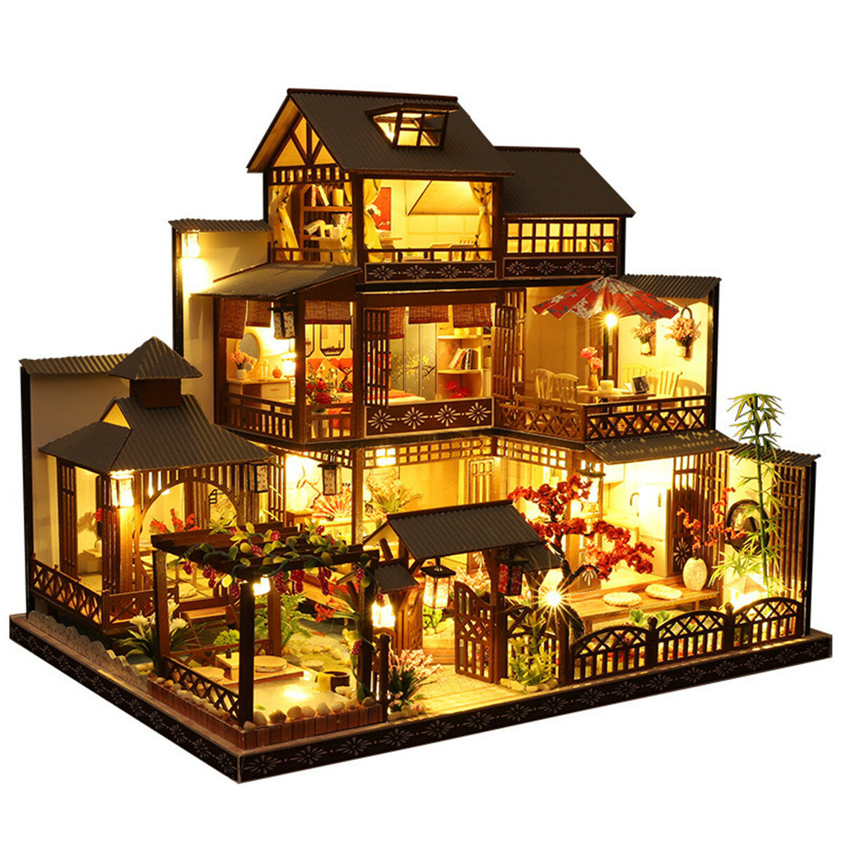 BIG fai da te in legno Handcraft in miniatura casa delle bambole mobili LED Luce Doll House Regalo 