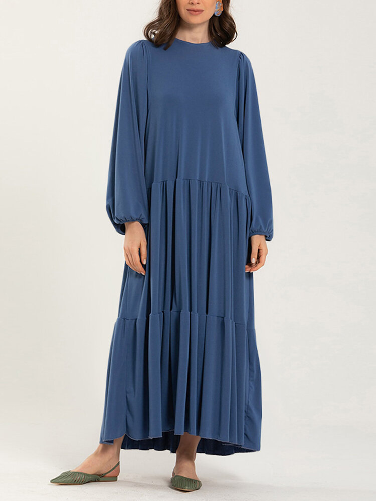 

Women Solid Color Puff Sleeve Loose Layered Tiered Casual Maxi Dress