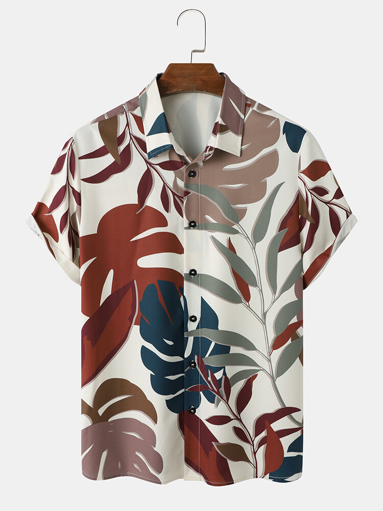 Men Tropical Leaves Button Lapel Short Sleeve Casual Shirts