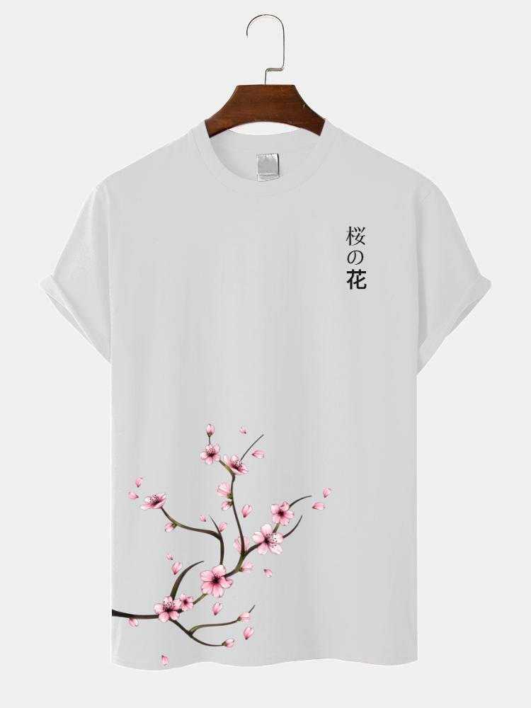 Kersenbloesems voor heren, katoenen T-shirts met korte mouwen in Japanse stijl