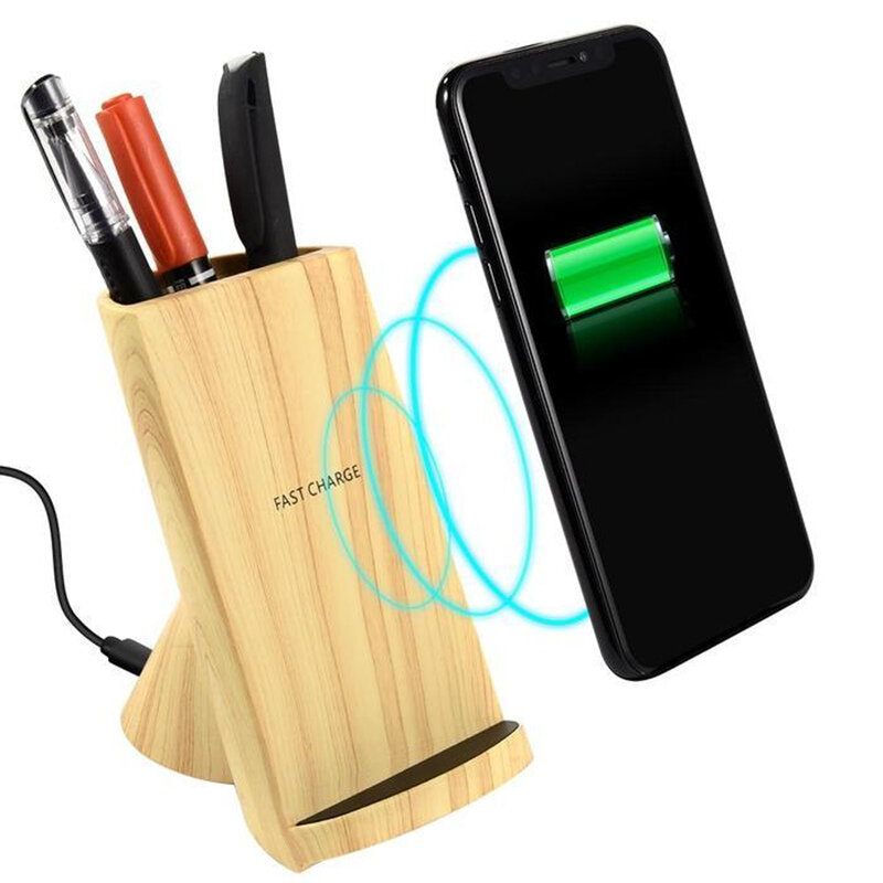 Bakeey F180 Bamboo 2 Coils Wireless Charger Stand Wooden Stand with Pen Container for Samsung Galaxy