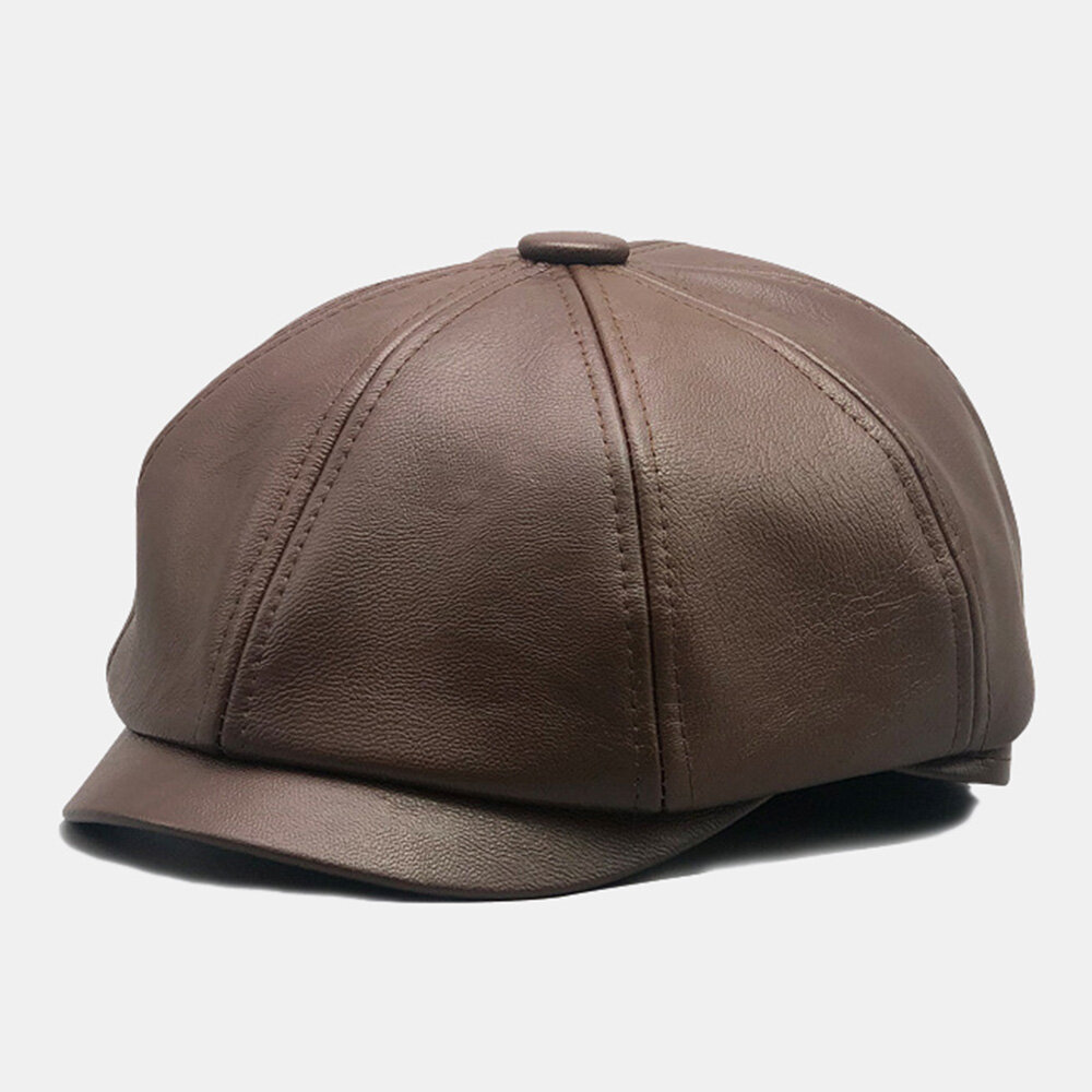 

Men Octagonal Hat British Retro PU Leather Short Brim Winter Outdoor Warm Berets Newsboy Hats