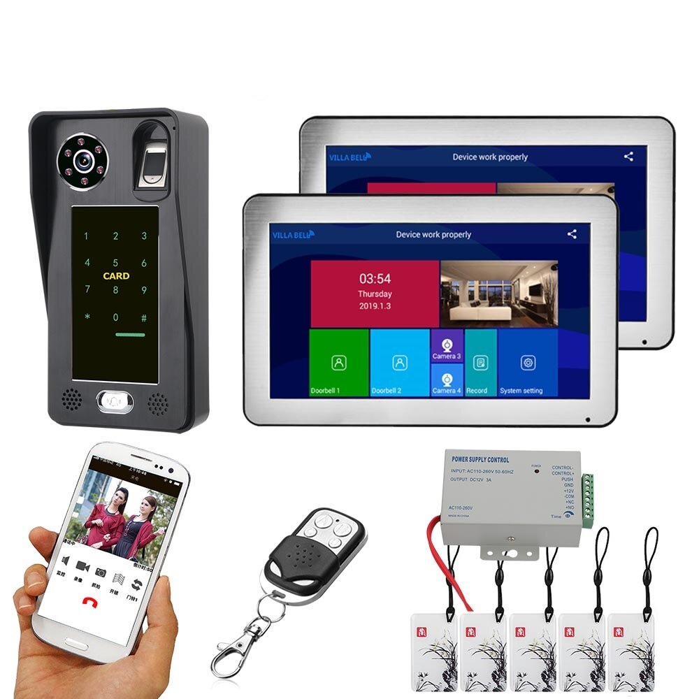 

ENNIO 10 inch2 Monitors Wifi Wireless Fingerprint IC Card Video Door Phone Doorbell Intercom System with Wired AHD 108