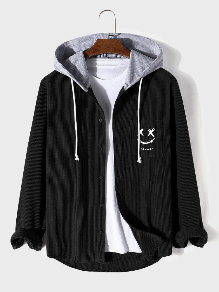 

Mens Smile Face Embroidery Corduroy Drawstring Hooded Shirt Jacket