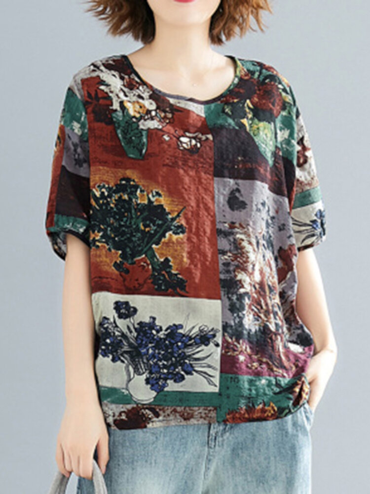 Contrasterende kleurenprint Ronde hals Halve mouw Vintage blouses voor dames