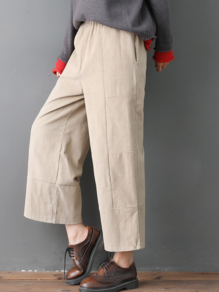 Image of Damen Reine Farbe elastische Taille Taschen Cordhose