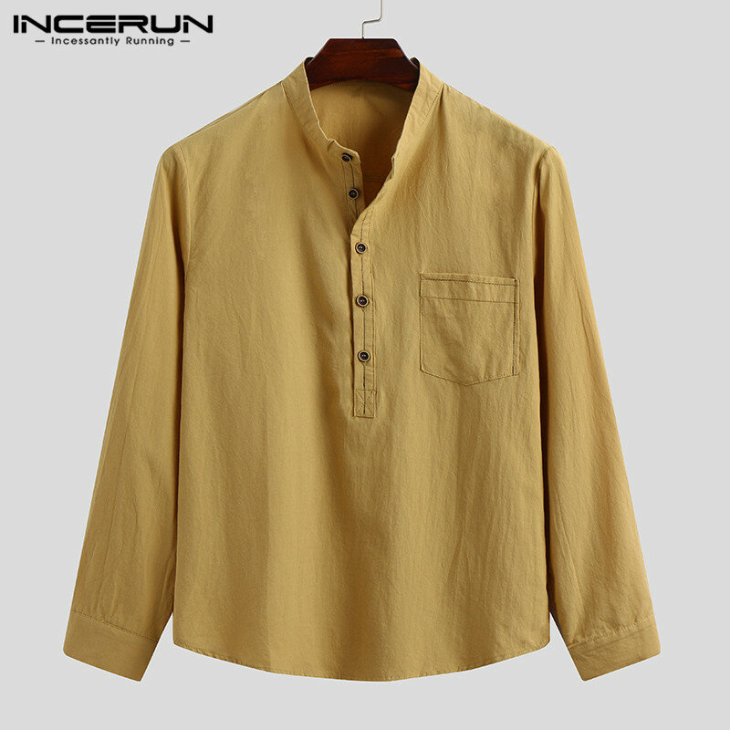 Men's Linen Long Sleeve Solid Shirts Casual Loose Soft Tops