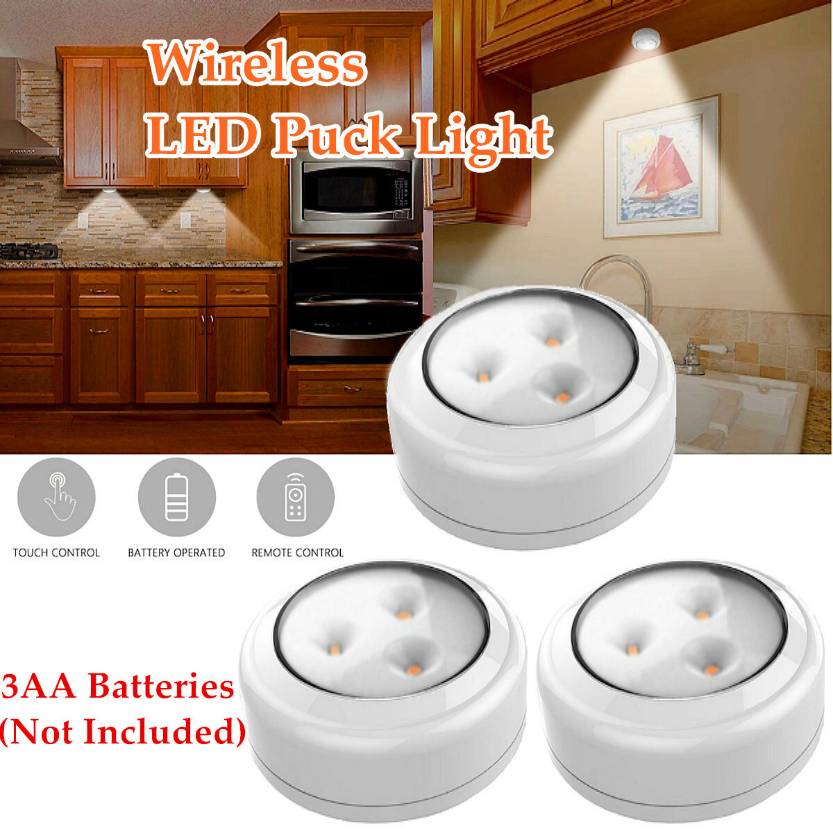 

3PCS Wireless LED Cabinet Light Warm White Under Puck Lamp With Remote Control for Kitchen Closet
